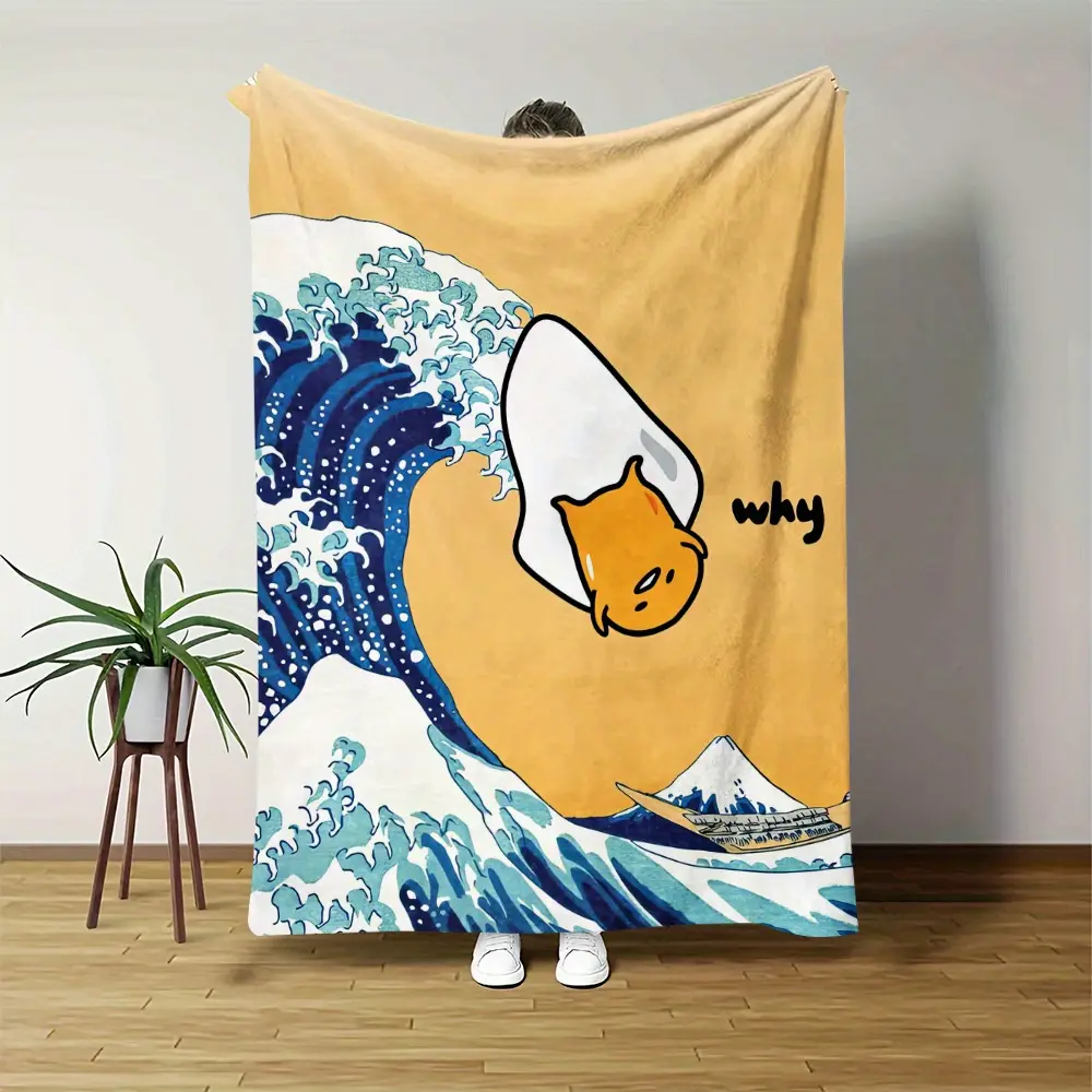 Gudetama The Great Wave Parody Throw Blanket, Funny Sanrio Lazy Egg Themed Cozy Blanket, Soft Fluffy Lightweight Blanket for Fans, Anti-Pilling Washable Decorative Blanket
