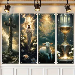 Easter Theme Religious Biblical Jesus Lamb Backdrop Banner, Party Background Decoration, 4 Counts/set Church Sanctuary Wall Decoration, Wall Hanging Decor for Home Living Room Bedroom, Ornaments
