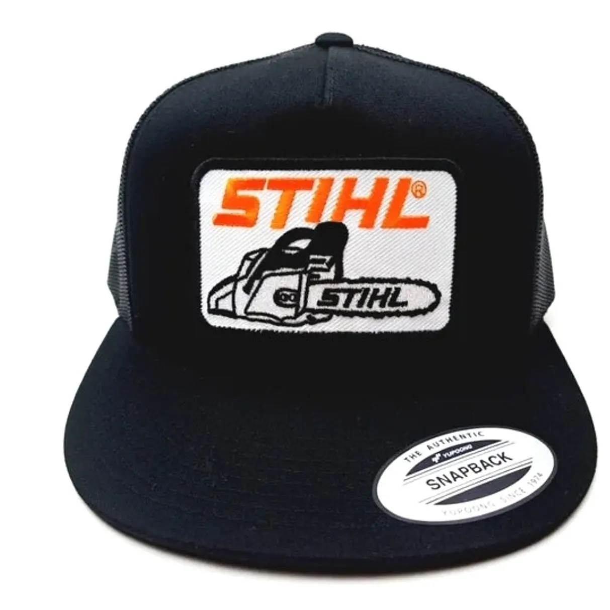 Stihl Embroidered Patch Flat Bill Trucker Mesh Snapback Hat Cap and Adjustable Fit for Men and Women