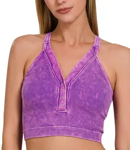 Acid Washed Ribbed Seamless Button V-Neck Tank Top & Keyhole Back