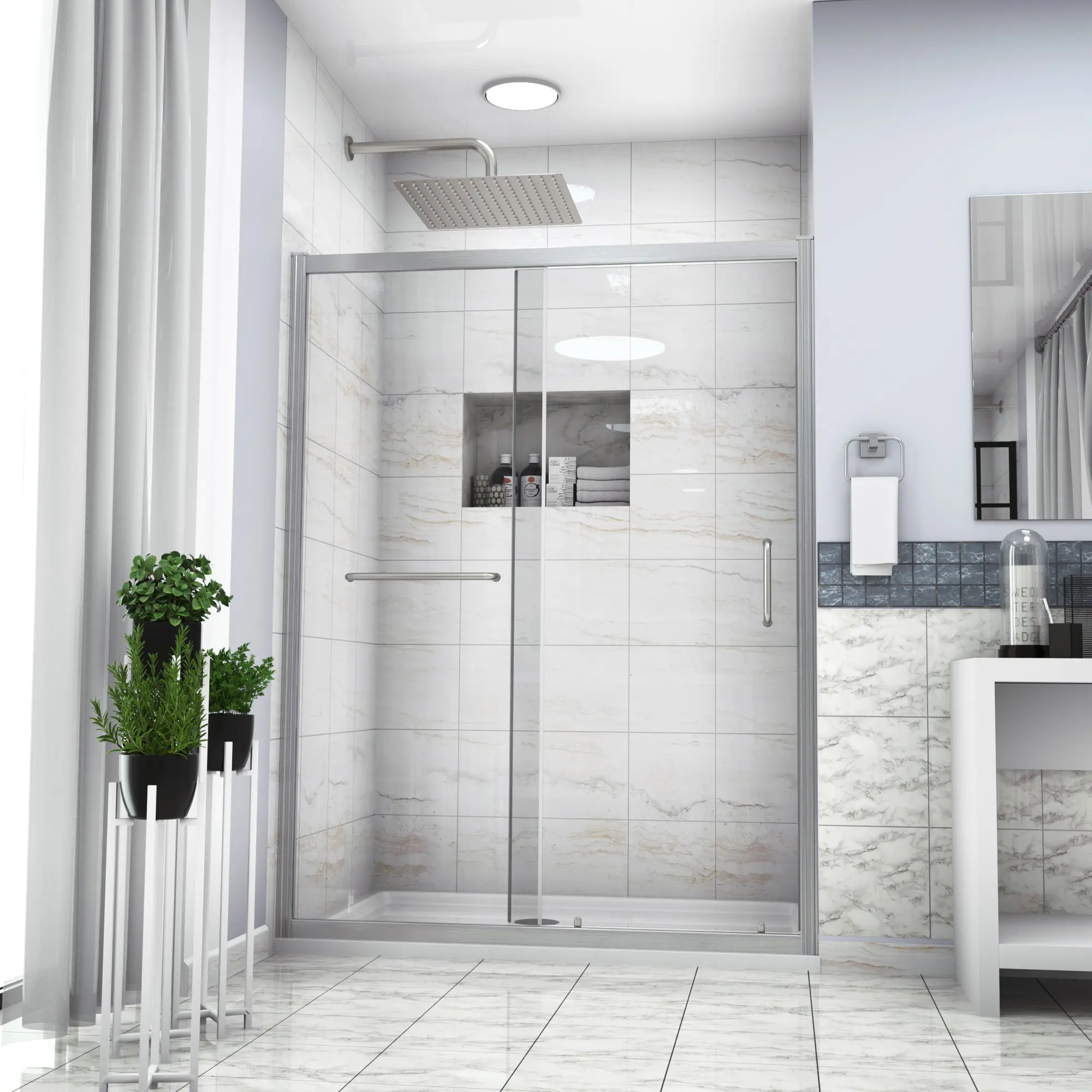 Classic Single Sliding Bypass Shower Door Enclosure - 60x72in Brushed Nickel Aluminium Frame, Silent Slide Tempered Waterproof Glass, Streamline Design, Easy Clean Technology, Bathroom Decor