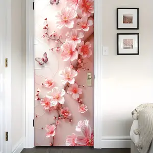 2pcs 3D Peach Blossom Butterfly Door Stickers, Self-Adhesive Moisture-Proof Peel and Stick Light Matte PVC Wall Art Prints for Bedroom Living Room Office Decor, Orientation , Two Styles Available, 78.74x15.16 Decorative Ornaments Decoration Flower