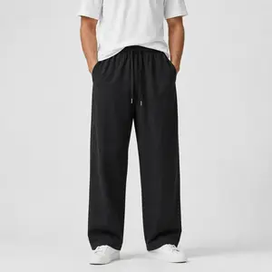 Men’s Plain Wide-Leg Pants, Casual Loose-Fit Drawstring Elastic Waist Straight-Leg Lounge Sweatpants for Streetwear, Menswear Trousers with Pockets, Beige