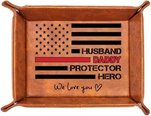 Firefighter Gifts for Men - PU Leather Valet Tray Gift for Dad Fathers Day, Unique Birthday Gift for Officer Dad Husband from Son Daughter Wife, Thin Red Line Desk Organizer Decor Accessories