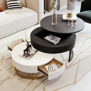 Round Lift-Top Nesting Coffee Table Set of 2, Modern Coffee Table with 2 Storage Drawers, Circular Wood Center Table Set for Living Room, Apartment, White & Black