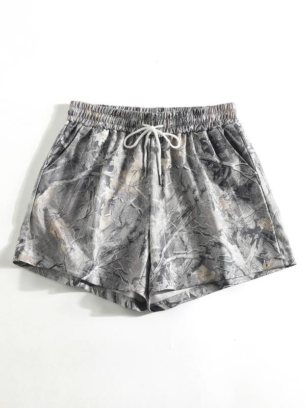 Vintage Street Withered Branch Camo Print Loose-Fit Gym Shorts, Casual All-Season Wear, Moderate Fabric Thickness, Kint Style, Athletic Shorts