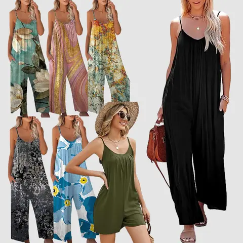 Lady's Plus Size 3XL Floral Print Sleeveless Spaghetti Strap Loose Wide Leg Jumpsuit - 95% Poly 5% Spandex Stretchy Drape Fabric, Pockets, Outdoor/Evening/Wedding Wear, Everyday Use, Women's Overalls Clothing