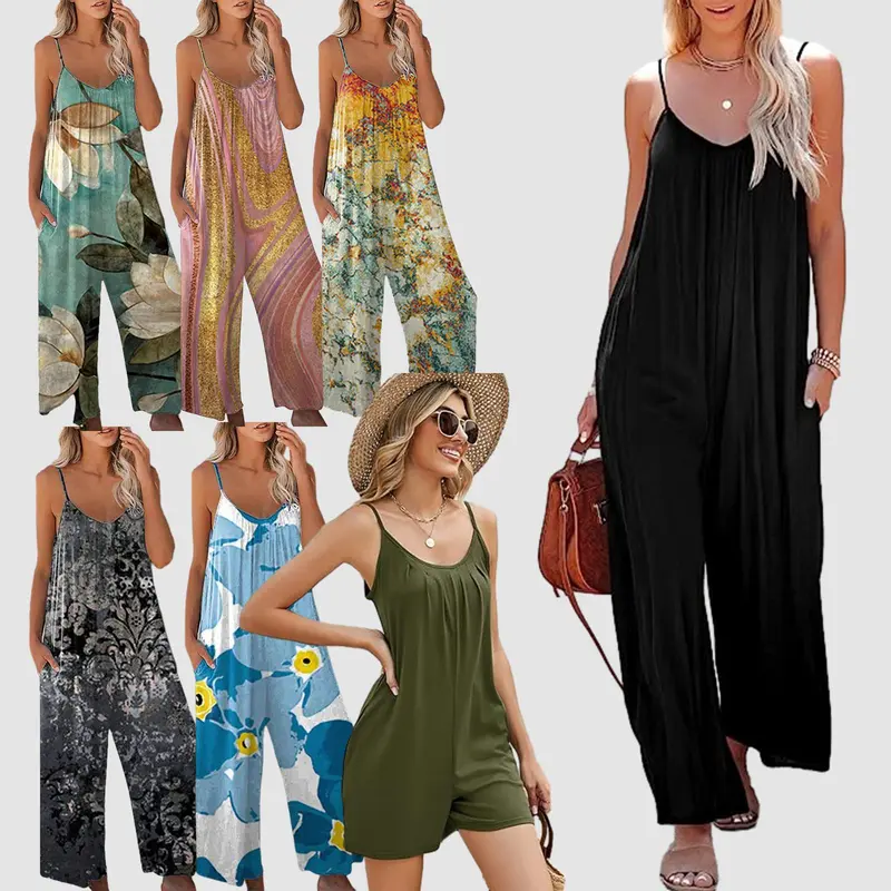 Lady's Plus Size 3XL Floral Print Sleeveless Spaghetti Strap Loose Wide Leg Jumpsuit - 95% Poly 5% Spandex Stretchy Drape Fabric, Pockets, Outdoor/Evening/Wedding Wear, Everyday Use, Women's Overalls Clothing