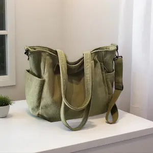 Casual Multi Pocket Handbag with Adjustable Strap Crossbody Sling Bag Zipper Shoulder Bag Solid Corduroy Tote Minimalist Style