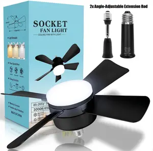Black Socket Fan Light with Remote Control, E26 E27 Screw in Ceiling Fan with Dimmable LED Light, Small Enclosed Low Profile Ceiling Fan, 3 Speed Quiet Mini Fan for Bedroom Kitchen Garage Bathroom