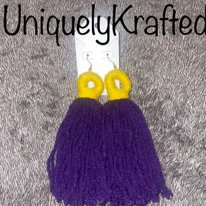 Purple and yellow yarn earrings