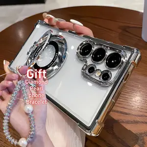 Transparent Electroplated Protective Case for Samsung Galaxy S24 S23 S22 Ultra FE, with Magnetic Bracket Phone Case