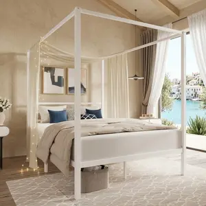 4 Post White Canopy Bed Frame Multi Size Metal Platform Bed With Metal Slat Support Noise Free Mattress Foundation No Box Spring Needed Easy Assembly Underbed Storage Design Modern Bedroom Home Furniture Decor