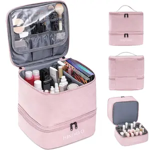Nail Polish Organizer Bag,Nail Polish Organizer Case Holds 30Bottles& Nail Lamp, Portable Double-Layer Nail Polish Storage Bag with Adjustable Dividers for Manicure Tools, Pink Travel Carrying Case Box Nail Tech Organizer Storage Bag for Nail Supplies