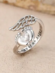 Elegant Footprint Rings Angel Wings Mommy Rings Synthetic Zirconia Inlay Open Adjustable Rings for Women & Girls Delicate Jewelry Perfect for Engagement Weddings, Daily Wear Anniversary Mother's Day Gift