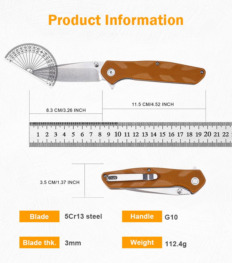 EDC multifunctional outdoor folding knife with G10 handle; convenient pocket/belt clip for easy carry; outdoor cutting tool designed specifically for climbing and fishing; a camping and hiking essential.