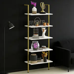 5-Tier Ladder Shelf White Marble Modern Bookshelf, Open Tall Leaning Wall Shelves, Standing Bookcase & Wall Mount Storage Rack, Industrial Decorative Shelving for Home Office