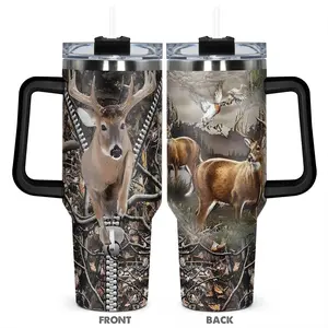 40oz Tumbler, 1pc Gift, Stainless Steel Cup, Insulated Travel Drinkware, Insulated and Durable, Thermo Tumbler, Design themed around deer and forest backgrounds, perfect for people who love deer and nature, Great for hot or cold beverages