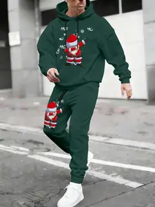 Men's Santa Claus Print Hoodie Set, Kangaroo Pocket Drawstring Sweatshirt + Waistband Pants, Casual Fall & Winter Fashion