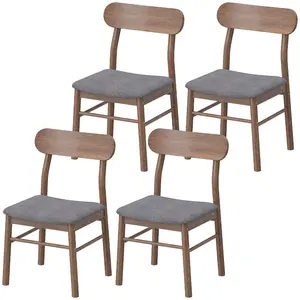 Set of four gray upholstered dining chairs featuring linen textured breathable fabric padded seats rubberwood legs and armless space saving design suitable for daily use in dining rooms and kitchens
