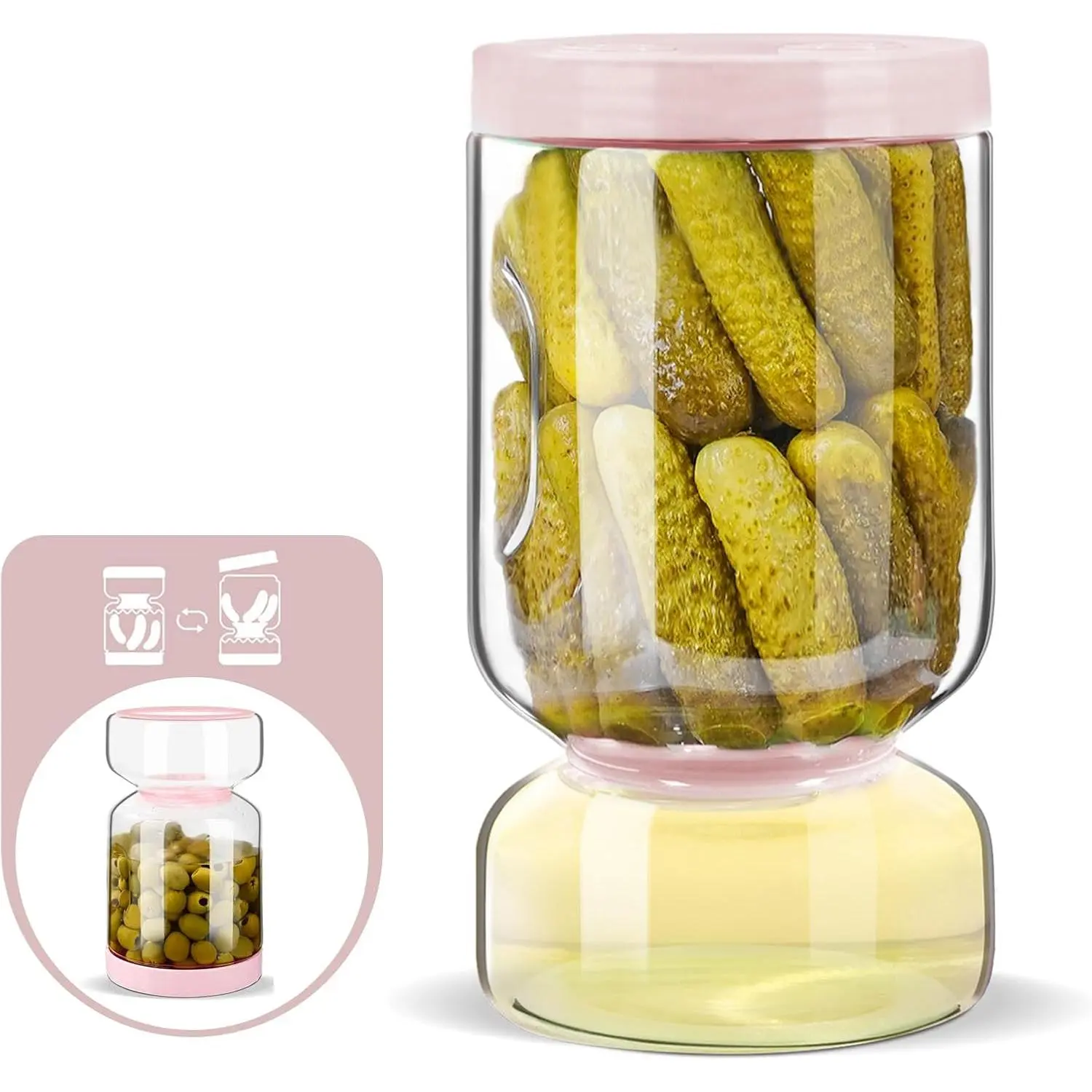 Pickle Jar with Strainer Flip, 64 oz Pickle Container Pickle Juice Separator Hourglass Jar for Olive Keeper, Leakproof Glass Pickle Holder Jars for Pickling Dill Sliced Storage, Gifts for Mom