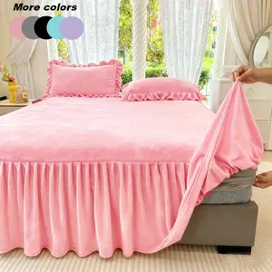 Pure Color Milk Wool Bedskirt Set, Includes One Bedskirt and Two Pillowcases, Non-Slip Mattress Protector, Warm Soft, Fall Winter Use, Decorative Bedding Set