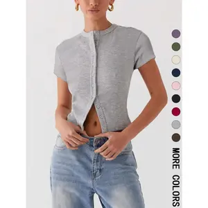 Women's Plain Button Front Ribbed Tee, Casual Slim-fitting Short Sleeve T-shirt for Daily Wear, Ladies Clothes for All Seasons, Cute Basic Minimalist Tops, Womenswear