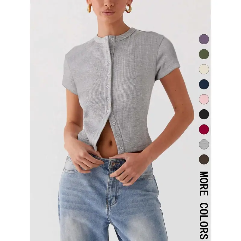 Women's Plain Button Front Ribbed Tee, Casual Slim-fitting Short Sleeve T-shirt for Daily Wear, Ladies Clothes for All Seasons, Cute Basic Minimalist Tops, Womenswear