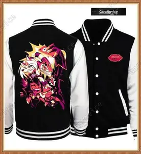 Hazbin Anime Varsity Jacket Unisex, Black White Streetwear Style, Graphic Bomber Coat, Trendy Gift Idea