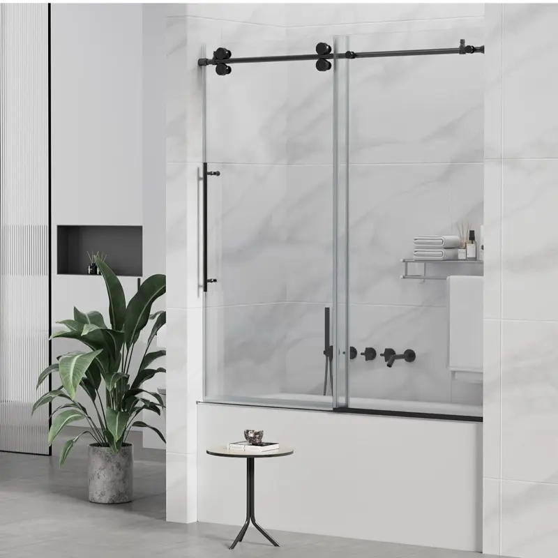 Sunrosa 60" W x 60" H Frameless Tub Shower Door, Sliding Tub Door with Handle, Glass Bathtub Shower Door with 5/16" (8mm) Clear SGCC Tempered Glass, Black Matte Black [56 1/8"-60" W × 60" H]