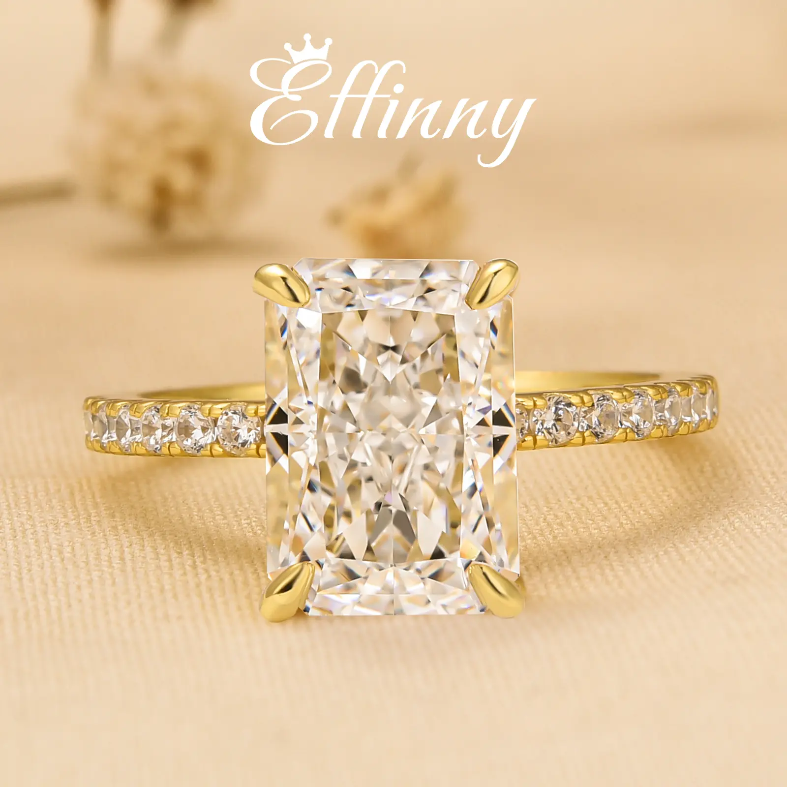 Effinny Jewelry 3.5ct Radiant Cut Golden Engagement Ring,S925 Sterling Silver 5A Cubic Zirconia Promise Ring for Anniversary Daily Birthday Wedding, Engagement Rings