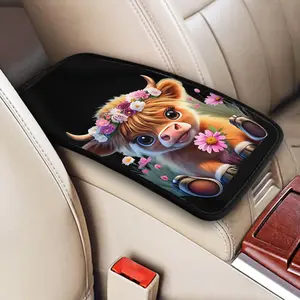 1 Highland Cow Car Armrest Cover - Cute cartoon design, soft polyester fabric, dustproof and comfortable to grip, suitable for all vehicles, ideal Christmas gift, perfect for car enthusiasts, unisex car accessory, Car Interior Decoration