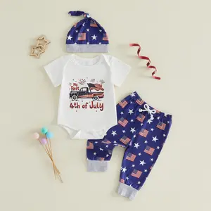 Imcute Infant Baby Boys 4th of July Outfits Set Letter Flag Car Print Crew Neck Short Sleeve Rompers Tops Long Pants Hat 3Pcs Clothes Set