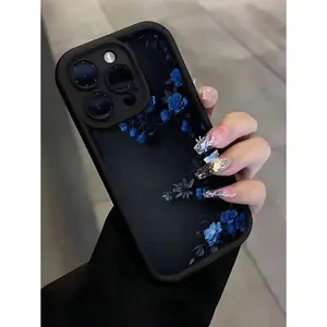 Blue Phone Case Apple 1pc Blue Rose Flower Vintage Mysterious Pattern Shockproof Anti-Skid TPU Phone Case Compatible With IPhone Waterproof Anti-Fall Scratch Resistant