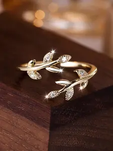 Elegant Leaf Design Artificial Zircon Inlaid Decorative Ring, Sparkling Zircon Inlay, Fashionable Ring for Women, Fashion Accessories For Women, Artificial Zircon Rings