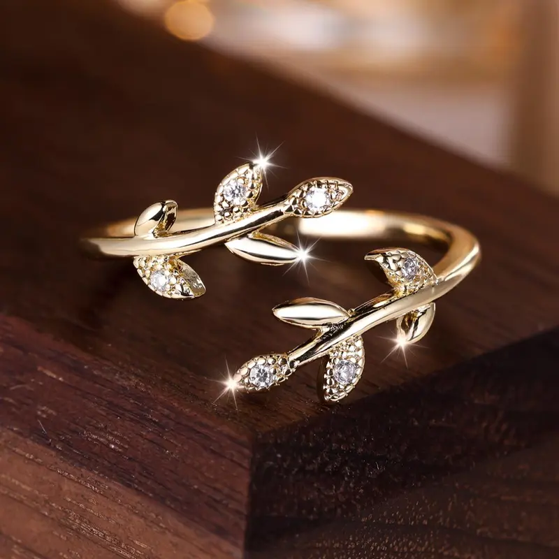 Elegant Leaf Design Artificial Zircon Inlaid Decorative Ring, Sparkling Zircon Inlay, Fashionable Beautiful Rings for Women, Fashion Accessories For Women, Artificial Zircon Rings