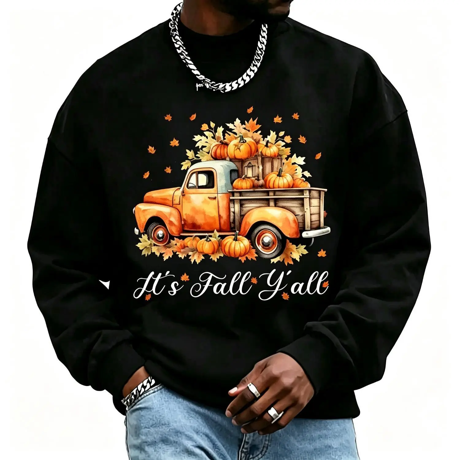 Unisex Crew neck sweatshirt Men Women Its Fall Yall Pumpkin Truck Autumn Tree Hello Fall Cozy Vintage Rustic Farmhouse Seasonal Graphic Pullover Top
