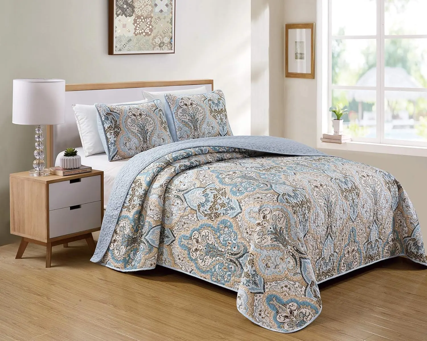 Luxury 3 Piece King/California King Quilted Reversible Coverlet Bedspread Set Floral Printed Blue Taupe