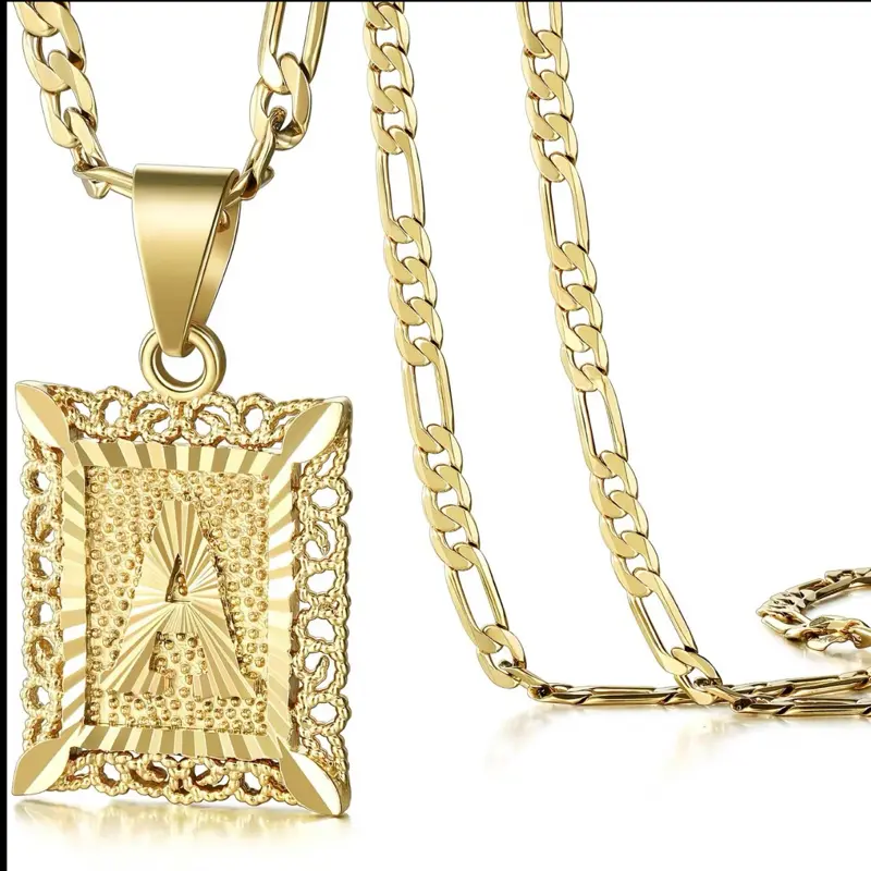 KissYan 14K Gold Plated Initial Square Capital Monogram Necklace for Male & Female, Alloy Figaro Necklace Chain, Daily Wear Costume Jewelry Gift (Letters A-Z)
