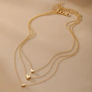 Elegant Simple 3-Piece Set Heart Pendant Layered Necklaces, Golden & Silver-Tone Alloy, Multi-Layer Chain for Women, Daily & Gift Occasions