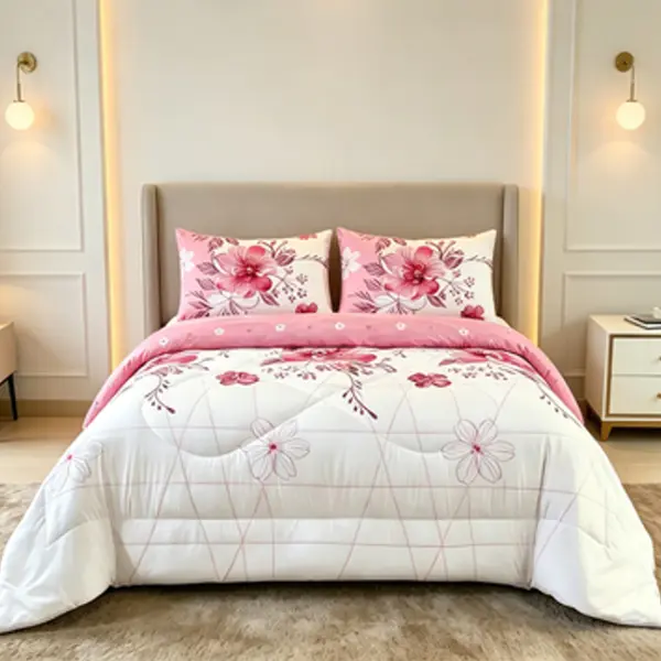 Queen Size Floral Bedding Set, 2/3Pcs Soft Microfiber Lightweight Comforter with 1/2 Pillowcases, Watercolor Flower & Grid Prints, White Botanical Design, All-Season Use, Pink