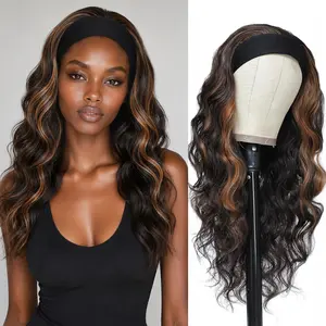 Twicebeauty Long Wavy Headband Wig for Women Black Wigs with Brown Blonde Highlight Denisty Headband Wigs Put On and Go Glueless Wig Long Synthetic Wig for Women Party Daliy Use