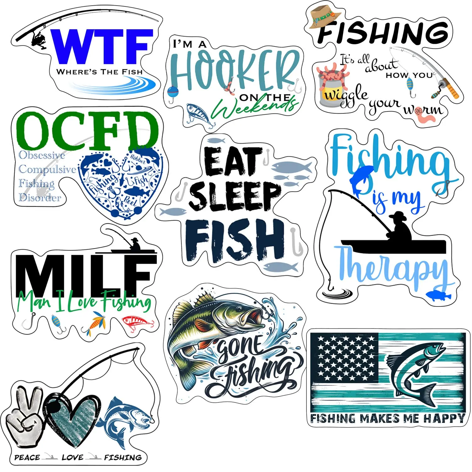 Fishing Stickers, Ten Vinyl Stickers Supporting Fishing, Great Fishing Gift, Decorative Stickers