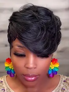 Stylish Fluffy Pixie Cut Wig ,full machine made wig, 8Inch Length with 180% Density Remy Human Hair for women