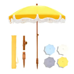 PHI VILLA 7ft Patio Beach Umbrella with Fringe, UPF 50+ Canopy, 8 High Wind Proof Fiberglass Ribs, Fully Assembled, Carry Bag Available Outdoor Aesthetic Round,SummerVibes
