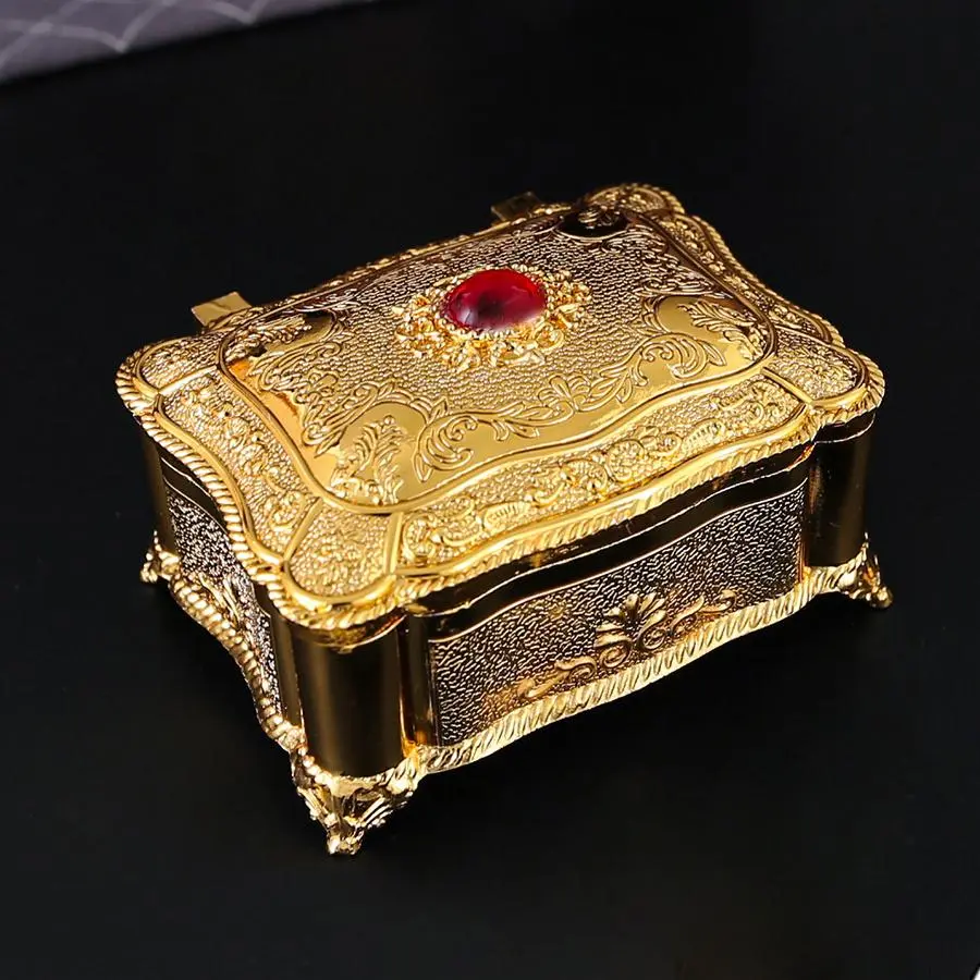 Vintage Jewelry Storage Box With Lid, Square Jewelry Organizer with Red Artificial Gemstone, Desktop Jewelry Storage Box for Home Bedroom Living Room