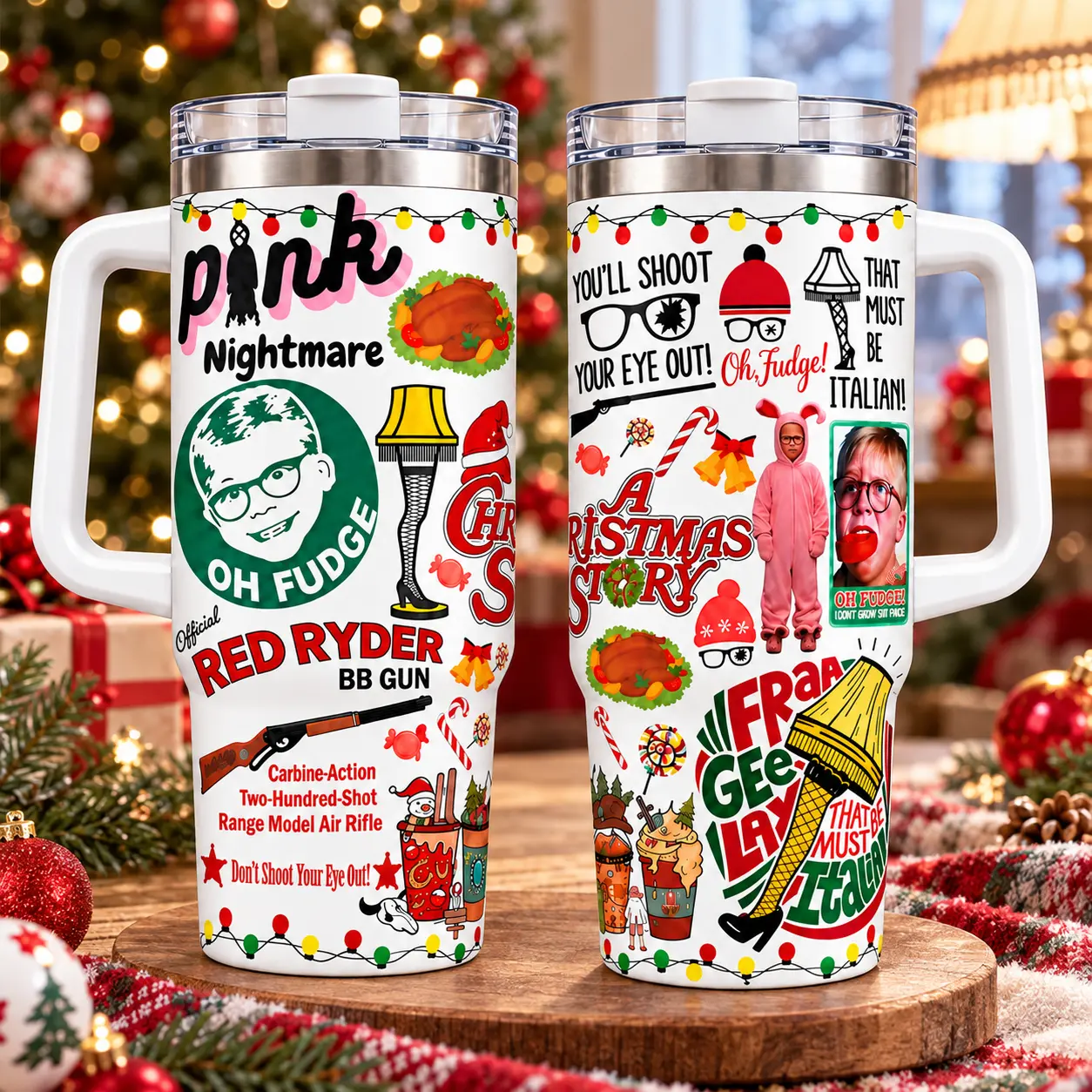 A Christmas Story Christmas Tumbler 20oz 30oz 40oz, Ralphie Parker Pink Bunny Suit, Oh Fudge, Vintage Holiday Travel Cup, Fan Gift