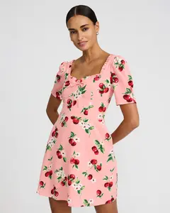 Express Floral Sweetheart Puff Sleeve Smocked Back Mini Dress with Pockets