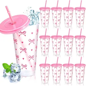 10pcs Blue Bow Plastic Cups with Lids and Straws, Reusable Design Party Drinkware for Women's Birthday Wedding Mother's Day Goddess Day