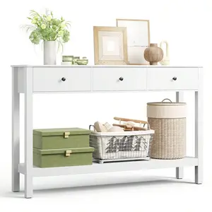 Drawers Console Sofa Table, 3-Tier Narrow Wood Accent Entryway Table with Open Storage Shelf, Modern Fluted Hallway Foyer Display Table for Living Room Home Decor